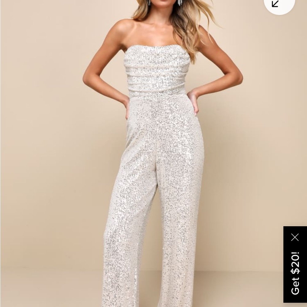 Lulu's Sparkling Strapless Jumpsuit in Silver